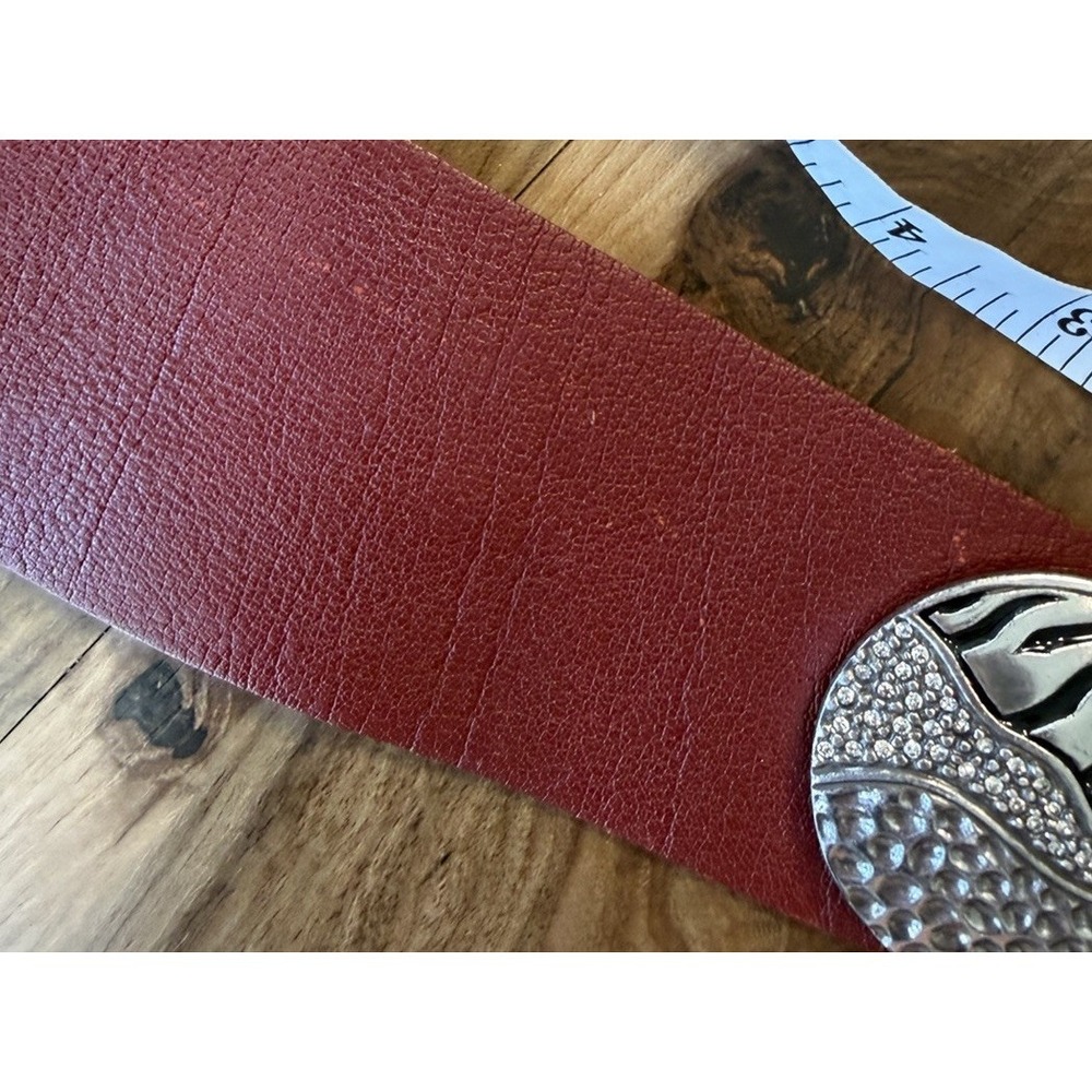 Chico's Wide Genuine Leather Belt Red Zebra Rhinestone Disc Buckle Glam Boho M - Picture 9 of 12
